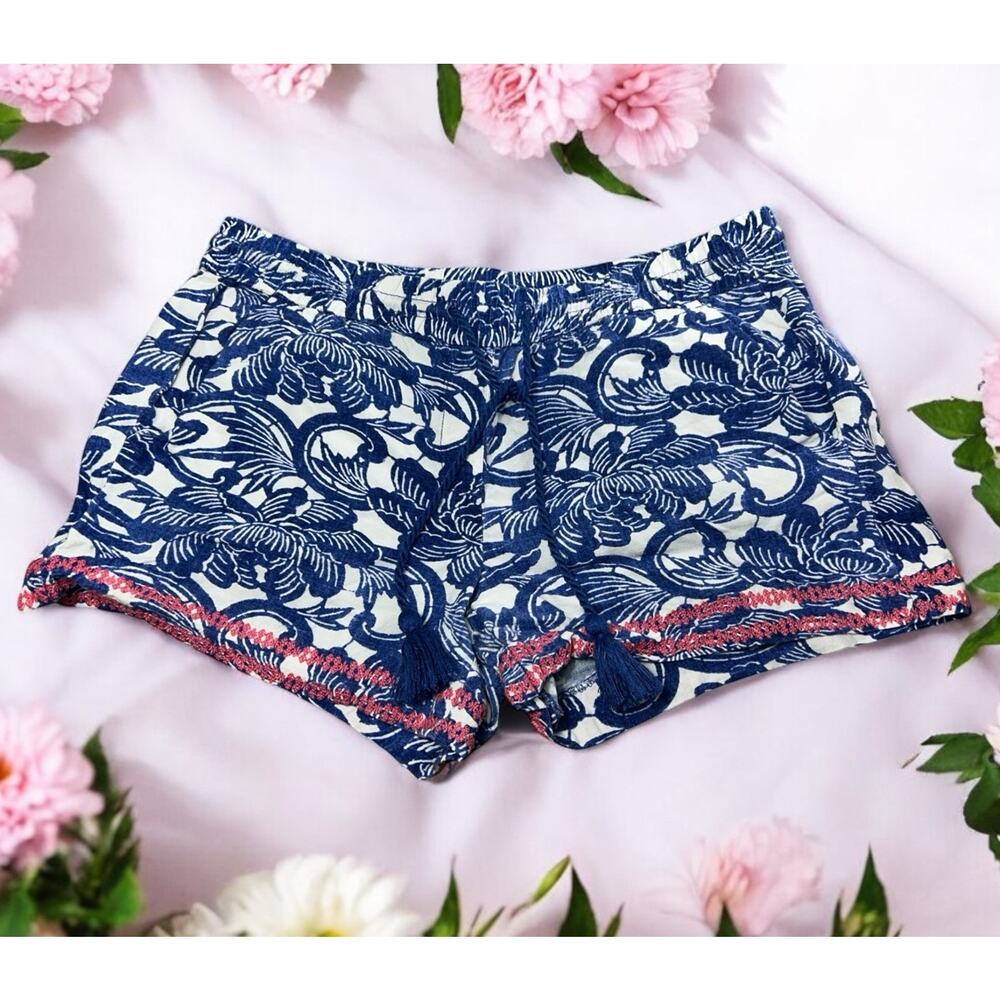Ann Taylor LOFT Linen Blend Pull-on Shorts Sz M Blue Floral Drawstring Waist